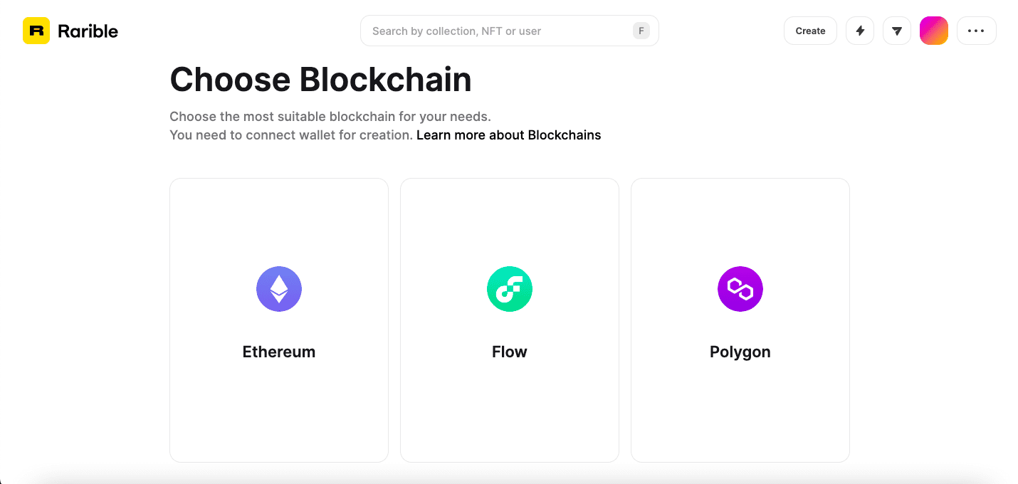 Rarible asking the user to choose the blockchain for creating the NFT