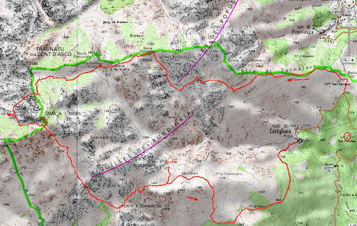 Carte de la région Popolasca/Rundinaia entre Castiglione et Vetta di Muru et parcours du raid