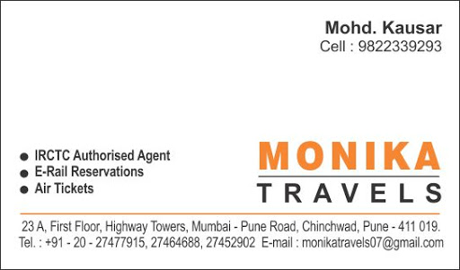 Monika Travels, 23A, First Floor, Highway Towers, Mumbai-Pune-Road, Kalbhor Nagar, Chinchwad, Pimpri-Chinchwad, Maharashtra 411019, India, Travel_Agents, state MH