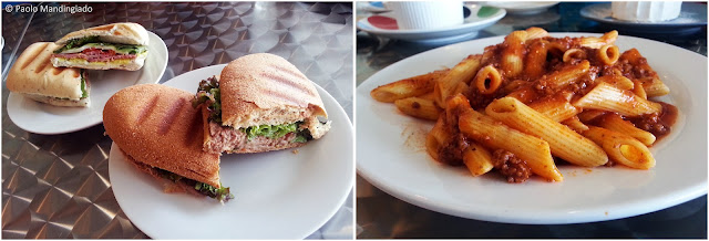 Ham and cheese, and tuna sandwiches, and a plate of penne with bolognese sauce.