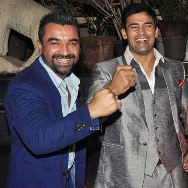 Sangram Singh and Ajaz Khan pose together during former's birthday party, held at Churchgate, on July 20, 2014.(Pic: Viral Bhayani)
