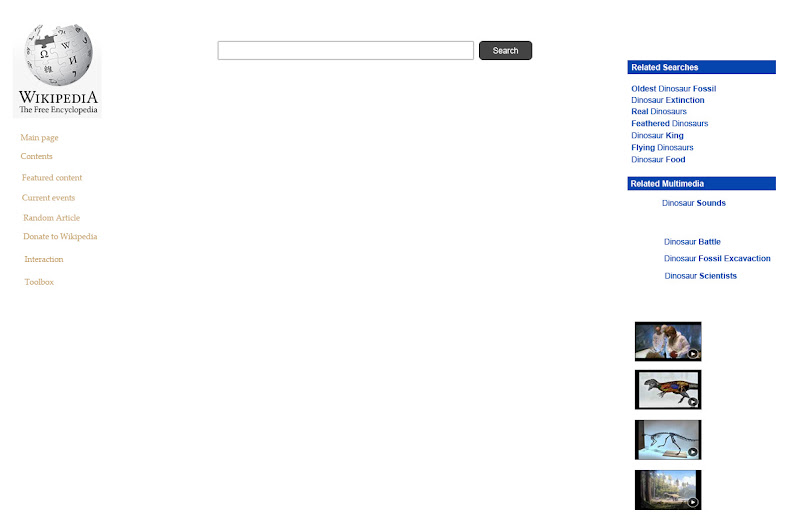 Wikipedia 3 column redesign with blank space in the middle for content, a left column for links and the logo, a right column for related links and videos