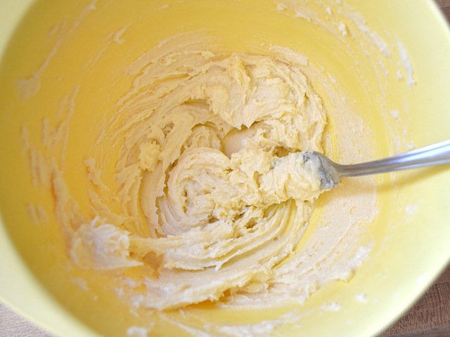 creamed batter in mixing bowl 