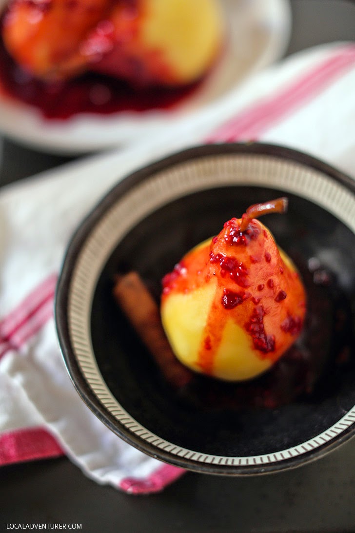 Beer Poached Pears Recipe with Raspberry Chocolate Drizzle.