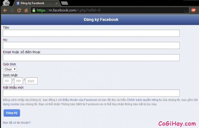 form đăng ký facebook