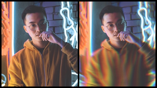 antes e depois da foto do homem asiático com luzes neon sendo que uma está desfocada embaixo 