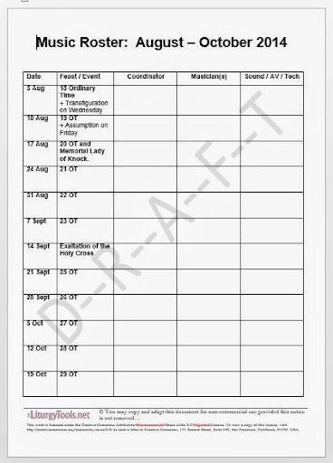 blank schedule for liturgical musicians, August thru October 2014 - can be adapted for organists, cantors, choirs etc as required