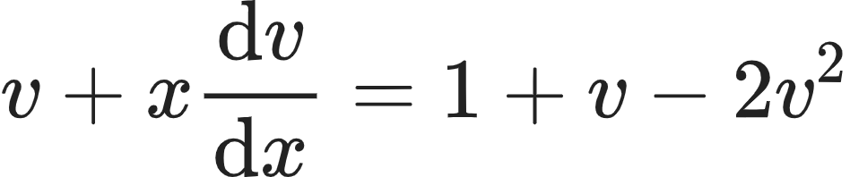 {"type":"align*","code":"\\begin{align*}\n{v+x\\diff{v}{x}}&={1+v-2v^{2}}\t\n\\end{align*}","font":{"color":"#222222","family":"Arial","size":10},"id":"11-0-1-1-1","ts":1604059546875,"cs":"2seHpbHNMvhldgfeI4J/5w==","size":{"width":157,"height":32}}