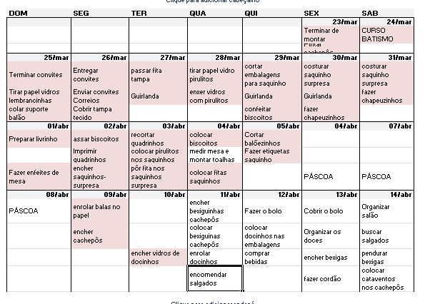 Calendário Excel