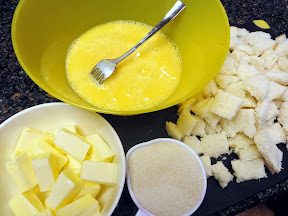 Eggs, sugar, butter, bread for Pineapple Bread Pudding recipe