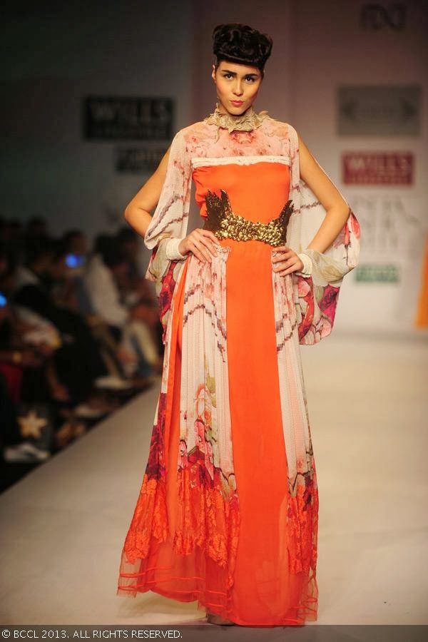 A model showcases a creation by fashion designer Sulakshana on Day 5 of Wills Lifestyle India Fashion Week (WIFW) Spring/Summer 2014, held in Delhi.