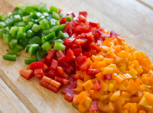 photo of diced green, red, and orange bell peppers