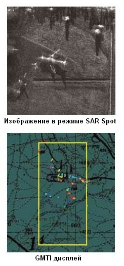 Изображение бортовой РЛС в режиме SAR Spot и изображение на дисплее GMTI