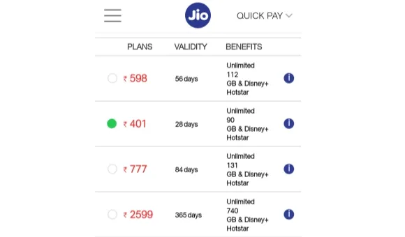 Jio Recharge Pack with Free Desney+ Hotstar VIP