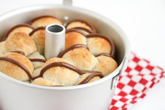 close-up photo of nutella monkey bread in a pan