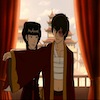 Zuko in a robe, bandages around his torso. He's holding his arm out; Mai is straightening his robe
