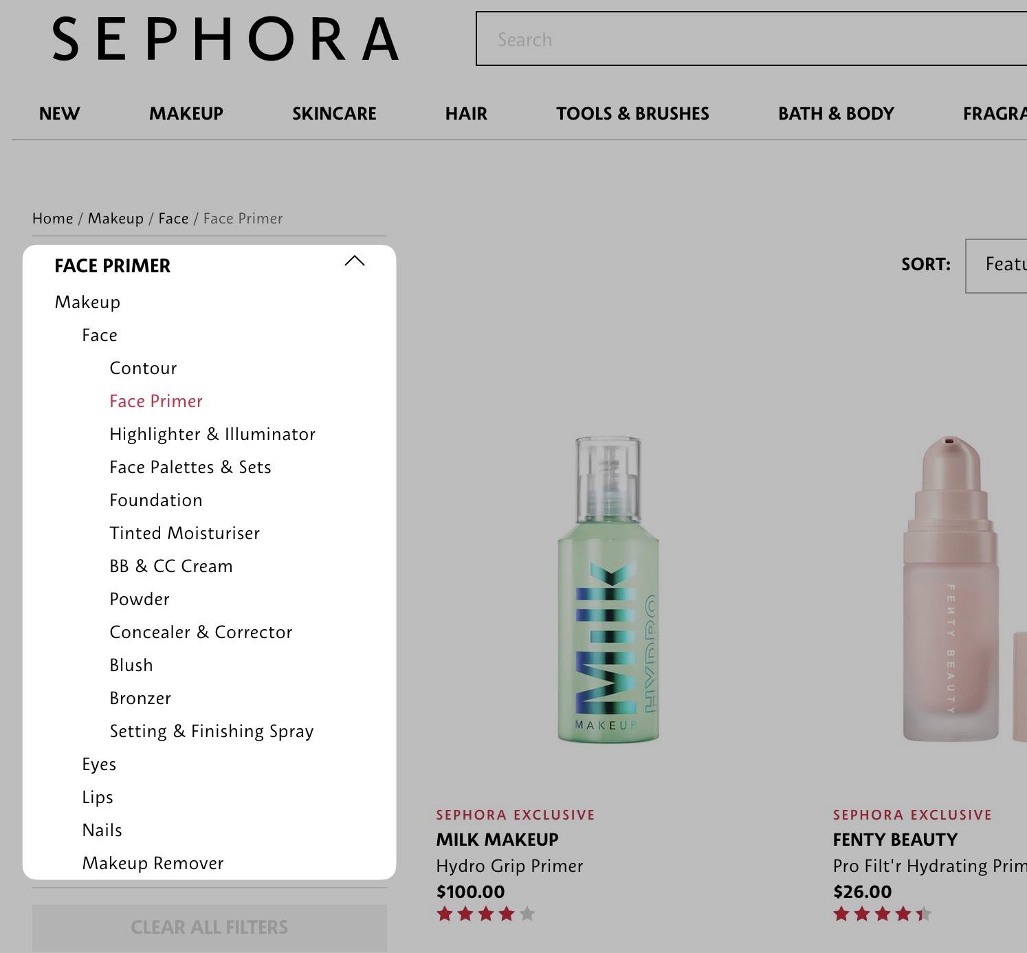 Sidebar links on Sephora