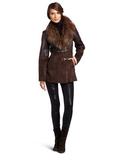 Jessica Simpson Women's Two-tone Faux Shearling Jacket, Dark Brown, Small