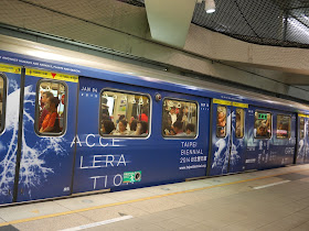 subway train with adversitisement for "The Great Acceleration" exhibition at the Taipei Fine Arts Museem