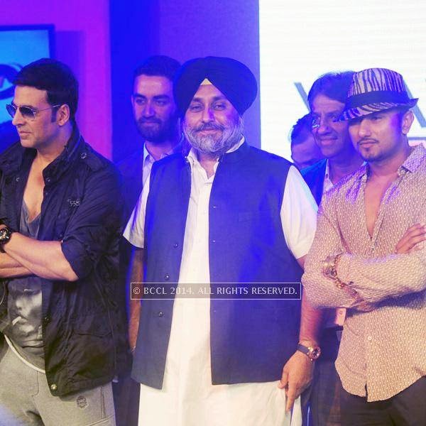 Akshay Kumar, Sukhbir Singh Badal and Yo Yo Honey Singh during the launch of World Kabaddi League, held at Le Meridian, New Delhi, on July 24, 2014.