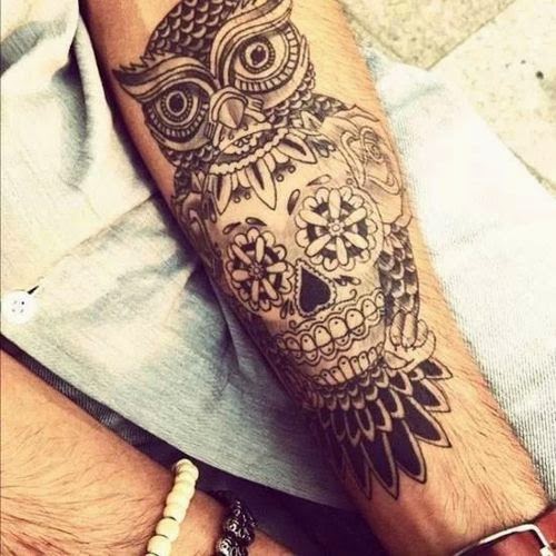 illuminati Owl Tattoo Design on Arm with sugar skull design