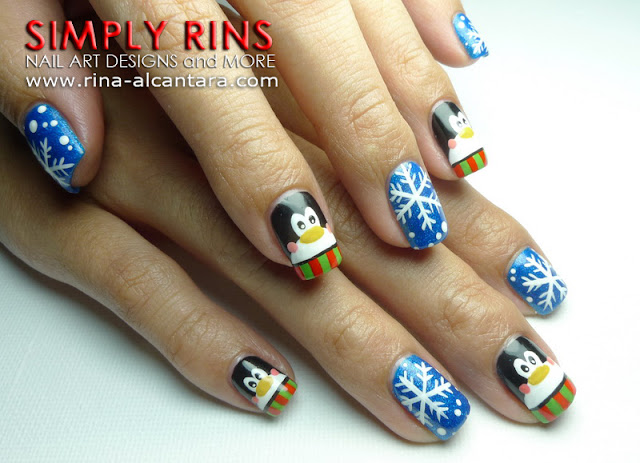 Penguins and Snowflakes Nail Art Design