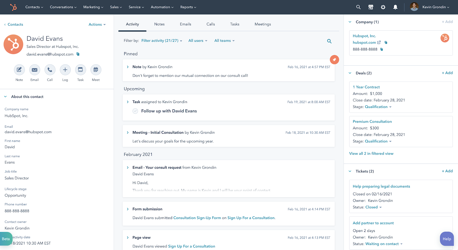 Screenshot of a glanceable contact record within HubSpot