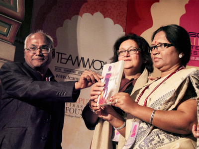 Activist and author Kancha Ilaiah launching his book 'Untouchable God' with Namita Gokhale and Damayanti Beshra at Jaipur Literature Festival in Jaipur.