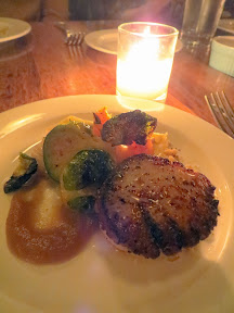 Serratto Bloggers Dinner, Seared Sea Scallop roasted butternut squash, brussels sprouts, braised cabbage, apple butter, walnuts