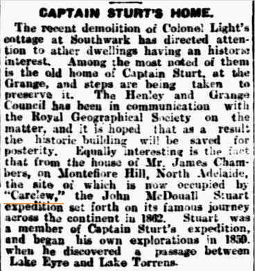 Captain Sturt's Home  (Advertiser (Adelaide, SA Saturday 12 February 1927)