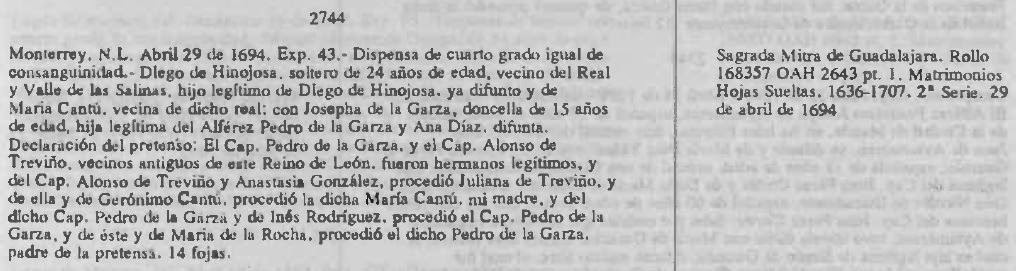 Marriage Dispensation of Diego de Hinojosa and Jospeha de la Garza