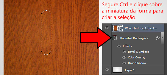 Clique com Ctrl pressionado sobre a forma para criar uma seleção, com ela crie a máscara na textura Clique com Ctrl pressionado sobre a forma para criar uma seleção, com ela crie a máscara na textura