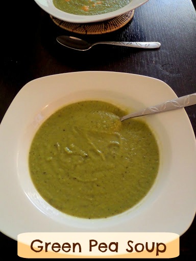 Green Pea Soup:  Healthy and easy, frozen, green peas pureed in a flavorful broth for a creamy and delicious, vibrant green, soup.
