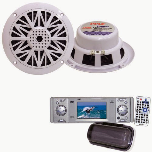  Pyle Marine Radio and Speaker Package - PLDMR3U In-Dash Marine CD/DVD Receiver with 3'' Built In Monitor - PLMR52 150 Watts 5.25'' 2 Way White Marine Speakers (Pair)