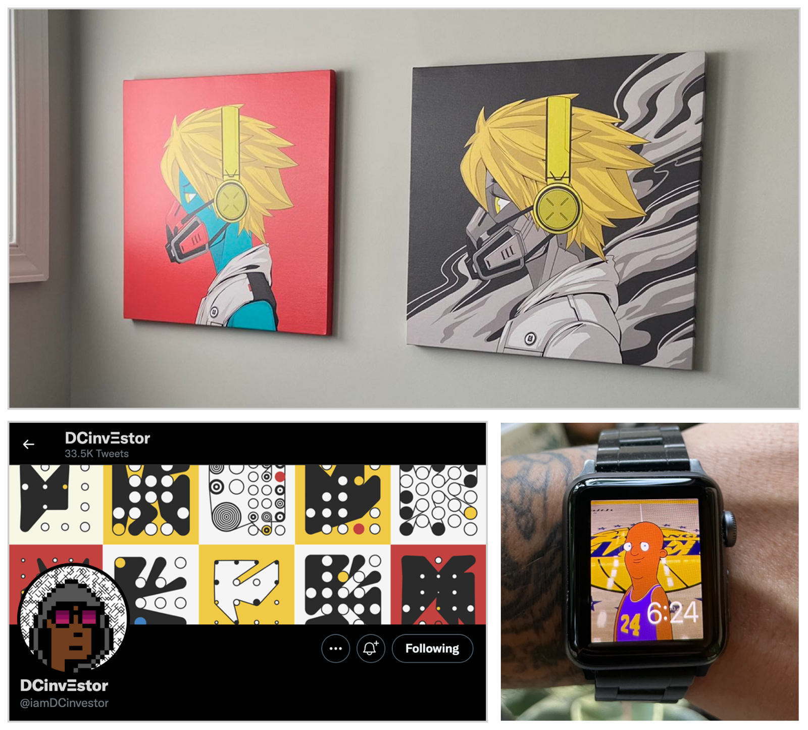 2 printed NFT avatars on a wall, a Twitter profile with an NFT avatar profile picture, and a smartwatch with an NFT as the background.