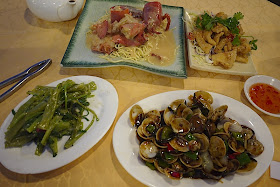seafood dishes at a restaurant in Sai Kung Town, Hong Kong