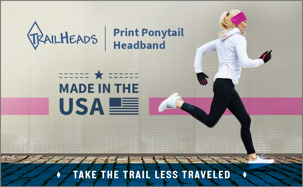 Woman in pink running headband jogs on sidewalk. Caption Print Ponytail Headband & Made in the USA