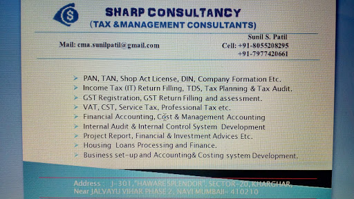 SHARP CONSULTANCY (TAX AND MANAGEMENT CONSULTANTS), J-301, Haware Splendor, SECTOR-20, KHARGHAR, NAVI MUMBAI, Landmark: Near Jalvayu Vihar (Phase- 2), Navi Mumbai, Maharashtra 410210, India, Tax_Preparation, state MH