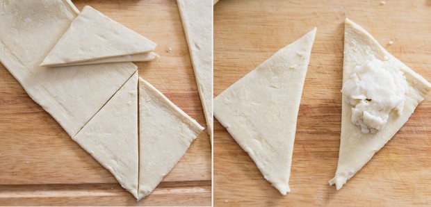 photo collage showing how to cut the pastry and assemble them with the mashed potato filling