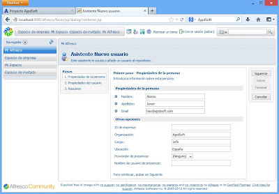 Administración de Alfresco Community, crear usuario, subir ficheros