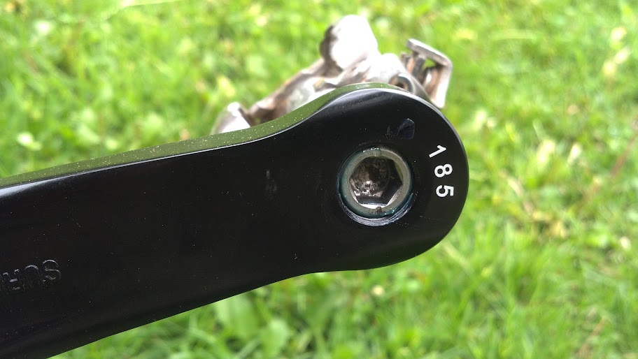 Inside, close up view of a Surly O.D bike crank arm, with grass in the background