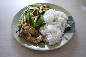 dish of squid, fish, vegetables, and rice in Zhuhai, China