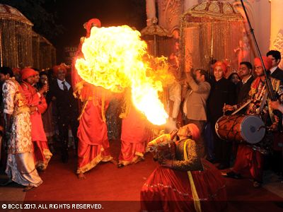 The dancing baraatis during the wedding ceremony of Nirmal and Navin Raheja's son Nayan Raheja with Kashish Goel, daughter of Anjali and Kamal Goel in Delhi on January 22, 2013.