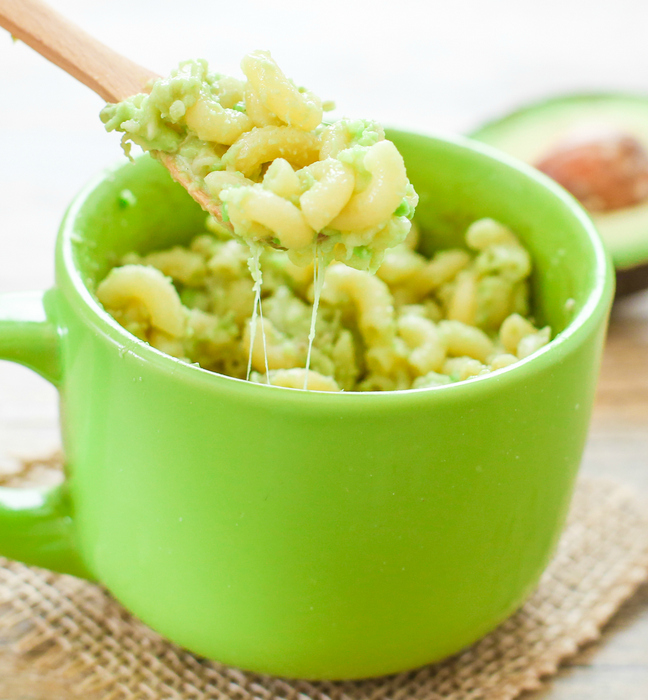 close-up photo of a spoonful of Avocado Macaroni and Cheese in a Mug