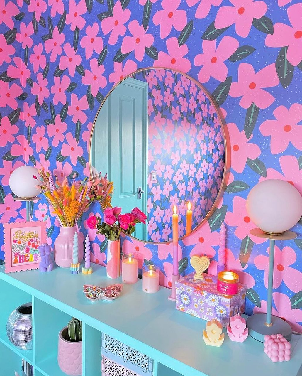 Mirror Wall With Bright Floral Wallpaper