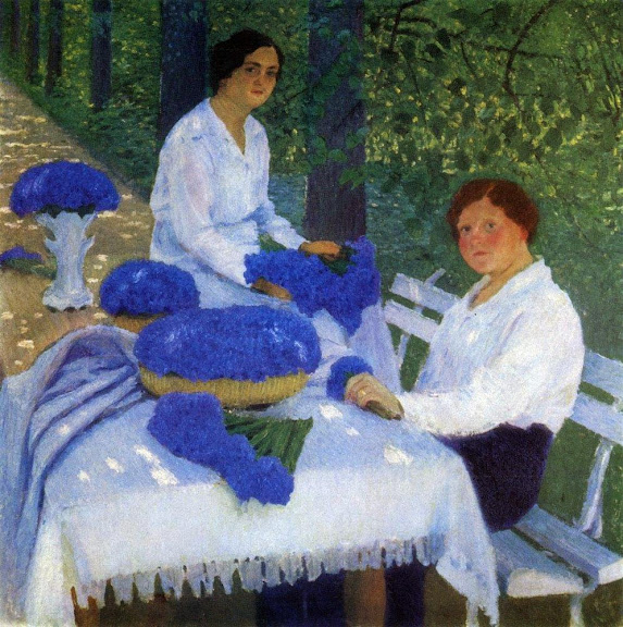 Igor Grabar - Grabar's wife, her sister and cornflowers, 1914