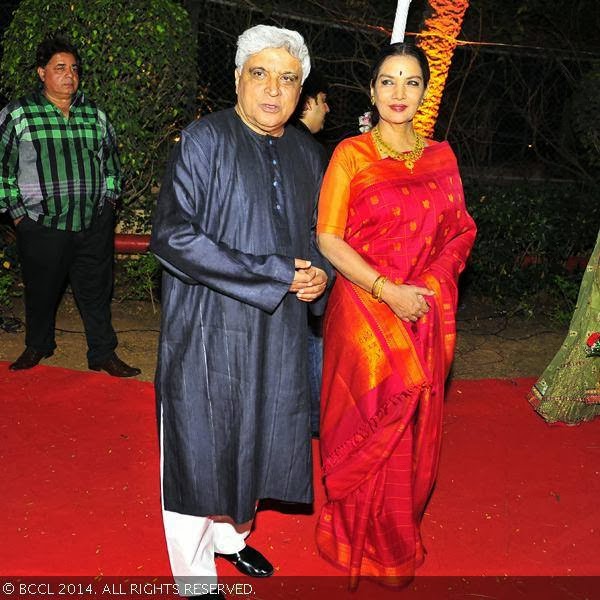 Javed Akhtar and Shabana Azmi during Ahana Deol and Vaibhav Vora's wedding, held in Mumbai, on February 2, 2014. Javed Akhtar and Shabana Azmi during Ahana Deol and Vaibhav Vora's wedding, held in Mumbai, on February 2, 2014.