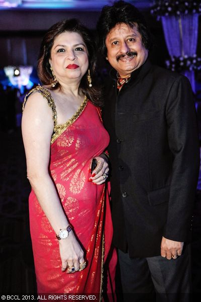 Pankaj Udhas with his beautiful wife during Akshay Hariharan's sangeet ceremony, held in Mumbai on January 28, 2013. 