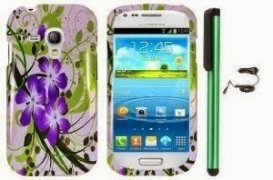  SAMSUNG GALAXY S III S3 combination - Premium Pretty Design Protector Hard Cover Case / Car Charger / 1 of New Assorted Color Metal Stylus Touch Screen Pen (Splash-ink Painting Purple Green Flower On White)