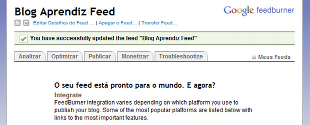 Feed pronto, use as guias para navegar entre as páginas de ajustes e personalização Feed pronto, use as guias para navegar entre as páginas de ajustes e personalização